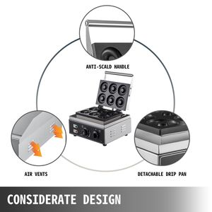 110V Commercial <b>Waffle</b> Donut <b>Machine</b> 6-Hole Double-Sided Heating 50-300Celsius 1550W Non-Stick Electric Doughnut Maker - Product Image 5