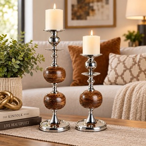 ชุดเชิงเทียนไม้แบบดั้งเดิม 2 ชิ้น ฐานโลหะทรงกลม ตกแต่งโต๊ะบ้าน - Product Image 2