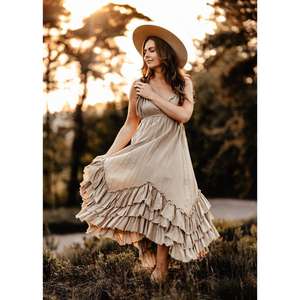 Robe longue bohème à volants pour femme, manches longues, col en V, taille naturelle, fluide, pour les vacances d'été, lavable, 100 % coton - Product Image 1