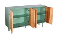 Buffet en bois moderne de style mid-century avec incrustations géométriques et rangement pour salon et salle à manger