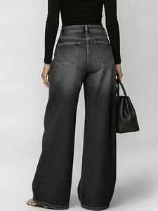 Jean taille haute à jambe large, longueur intégrale, en denim bleu uni, style décontracté avec découpes, délavé, en coton tissé, pantalon pour femme - Product Image 6