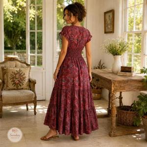 Vestido Maxi de Alta Calidad con Cuello en V y Estampado Floral, Mangas Abullonadas, Estilo Boho, Tejido de Punto Transpirable, Vestido Casual para Primavera y Otoño - Product Image 2