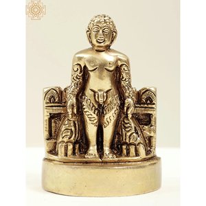 Escultura de Latón Hecha a Mano de 3 Pulgadas de Last Jain Tirthankara 'Mahavir', India Exótica - Product Image 1