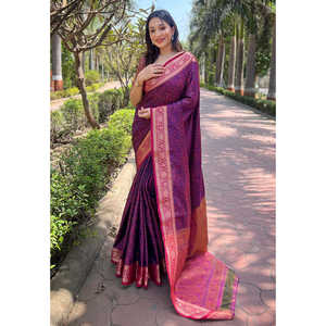 Sari en soie cachemire bleu marine doux tissé Zari Elite Weaves, vêtements indiens et pakistanais - Product Image 1