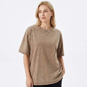 T-shirt décontracté pour femme 100 % coton, coupe oversize, couleur unie, manches courtes, col rond, effet délavé, grande taille, longueur longue, teint - Product Image 2