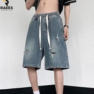 Shorts en jean tendance pour hommes, motif étoilé, bleu vintage, décontractés, mélange de coton, confortables et respirants, nouvelle collection été - Product Image 3