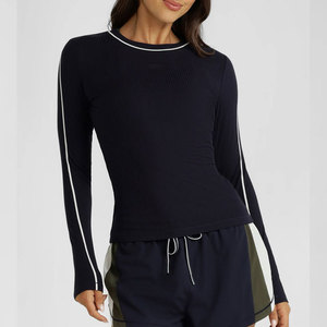 Solid Color Elastic Long Sleeve <b>Compression</b> Gym Shirt Women Muscle Fit Workout Tight Shirt Wide Neck Spandex/Polyester Fabric - Product Image 1