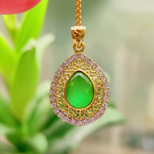 Fashion Jewelry Set Oval Green Stone Studded Gold Polished AD Pendant - Product Image 3