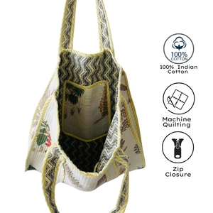 Knnotted Earth Floral Pattern Cotton Block Printed Bohemian Style Handmade Eco-friendly Zipper Closure Tote <b>Bag</b> Open Top - Product Image 3