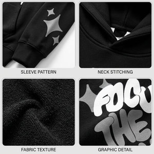 เสื้อฮู้ดดี้สีดำพิมพ์ลายคุณภาพส่งออก ทรงโอเวอร์ไซส์ สไตล์สตรีทแวร์ลำลอง ใส่ได้ทั้งชายและหญิง มีกระเป๋าจิงโจ้และลายดาว - Product Image 6