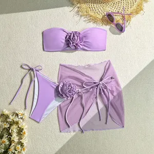 Nuevo Bikini Bandeau 3D con Flores 2026, Traje de Baño Femenino de Tres Piezas con Falda de Malla - Product Image 1