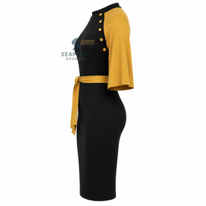 Robe midi moulante noire et or contrastée pour femme NCBW, avec manches cape, détails boutonnés et ceinture ajustée, style décontracté - Product Image 2