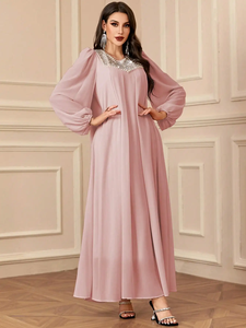 Vestido de Noche Largo para Mujer, Estilo Modesto, Liso, Recto, de Gasa, con Manga Regular, Cuello Transpirable, Ecológico, Cintura Natural, Sencillo - Product Image 3