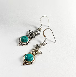 Vintage Style Turquoise Drop <b>Earrings</b> in 925 <b>Silver</b> - Classic Round Cabochon Wedding Party Wear <b>Dangle</b> Jewelry - Product Image 2