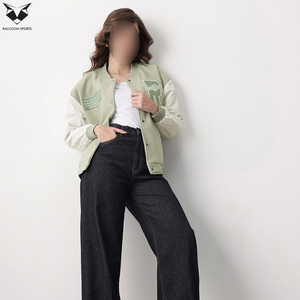 New Arrival Green White Full Sleeve Crew Neck Button Closure Letter R <b>Patch</b> Design Autumn Regular Length Women Varsity <b>Jackets</b> - Product Image 3