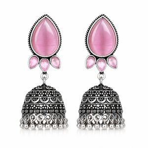 Luxury Oxidized <b>Silver</b> Tribal Jhumka <b>Earrings</b> Pear Cut Orange Stone Traditional Indian Wedding Jewelry for Women - Product Image 2