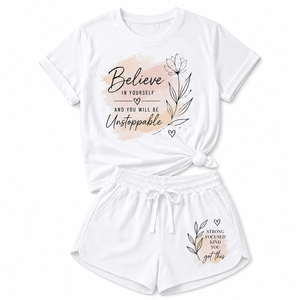Ensemble décontracté d'été pour femme : T-shirt blanc en coton imprimé et short tricoté respirant à manches courtes avec motif lettres inspirantes - Product Image 3