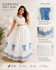 Jupe longue en coton imprimée à la main de Jaipur, taille smockée, volants, style bohème décontracté, imprimé éléphant, vente en gros - Product Image 6