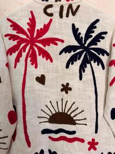 Chaqueta Blanca de Lino y Algodón para Mujer, Bordada con Diseño de Palmeras y Corazones, Manga Larga, Estilo Vacacional, Verano, Frente Abierto - Product Image 5