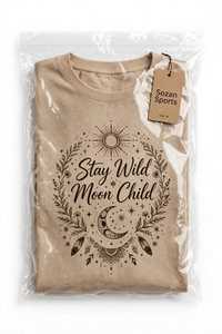 T-shirt tricoté d'été à manches courtes et col rond pour femme, couleur beige, style sportif, avec motif Stay Wild Moon Child - Product Image 3