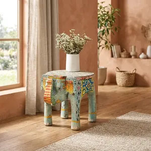 Hand Painted Wooden <b>Elephant</b> Side <b>Table</b> With Floral Design Antique Style Home Decor Furniture For Bedroom Or Living Room - Product Image 4