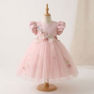 Elegante Vestido de Princesa de Tul con Flores 3D Hechas a Mano, Mangas Abullonadas hasta la Rodilla, Color Rosa Rubor Satinado, Diseño de Mariposa y Flores - Product Image 3