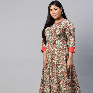Kurta en coton imprimé Kalamkari motif pêche, coupe trapèze, grande taille, col rond, manches trois quarts, pour femme, style inspiré des motifs - Product Image 1