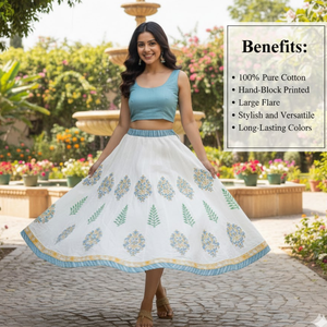 Falda Artesanal con Estampado Jaipuri, Falda de Algodón para Mujer, con Forro Astar, Ribete en Contraste, Cordón Ajustable, Estilo Étnico - Product Image 4