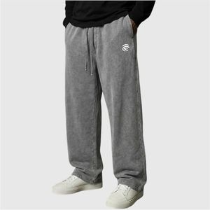 Pantalon de survêtement décontracté pour homme en coton épais lavé et teint avec cordon de serrage et poches - Product Image 1