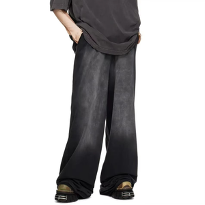 Men's Wide Leg Pants <b>Elastic</b> <b>Waist</b> Gradient Color Black Grey Breathable Casual Knitted Polyester Autumn Style - Product Image 2