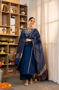 Designer Satori <b>Silk</b> <b>Kurta</b> With Cotton Lining Hand Embellished Neckline Maharaja <b>Silk</b> Pants Zari Stripe Banarasi Dupatta Ready - Product Image 4