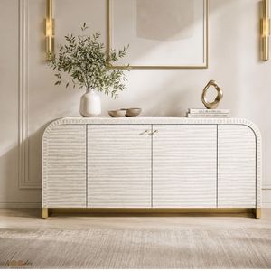 Modern Metal Rattan <b>Sideboard</b> with Brass Handles and Grey Stripe Pattern 4 ft <b>Storage</b> for Living Room Furniture - Product Image 1