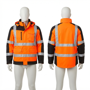 Premium Quality 300 GSM Polyester Canvas <b>Leather</b> Work <b>Jacket</b> Waterproof Breathable Hooded Orange Navy Panels Reflective Custom - Product Image 2