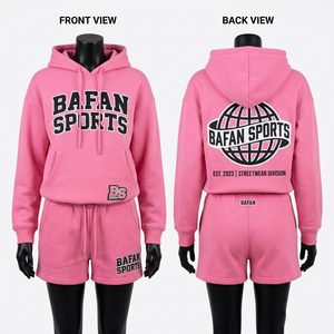 Conjunto de Sudadera con Capucha y Pantalones Cortos de Felpa para Mujer, 320 GSM, Color Rosa, Tela de Algodón Suave, Logotipo Personalizado con Estampado Puff, Ropa Casual para Mujer - Product Image 1