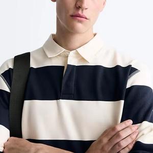 Camiseta de Hombre a Rayas de Manga Corta con Cuello Alto, Tejida, 100% Algodón, Transpirable, Corte Regular, Diseño Casual, Color Azul Marino y Blanco - Product Image 5