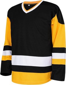 Maillots de hockey sur glace vierges personnalisés pour hommes en gros - Uniformes d'équipe athlétique noirs et jaunes, chemises d'entraînement en tissu maillé - Product Image 1