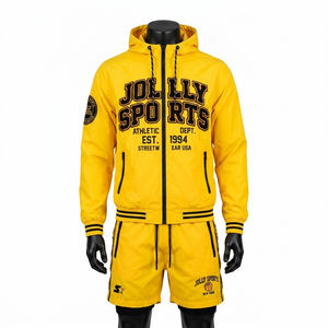 Conjunto de Chaqueta Cortavientos con Capucha y Pantalones Cortos para Hombre, Premium, 120 GSM, Poliéster Taslon, Color Amarillo, con Logotipo Personalizado - Product Image 5