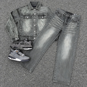 Unisex Washed Denim Jacket <b>Pants</b> Set Full Sleeve Button Regular Fit Casual Streetwear Eco-Friendly Breathable Ash Gray Cotton - Product Image 2