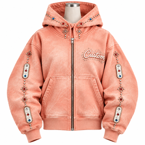 Sweat à capuche unisexe rose zippé, orné de strass, effet délavé vintage, 100 % coton molletonné, coupe oversize, style hip-hop - Product Image 1