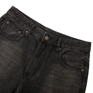 Jeans personnalisés en gros pour hommes, style streetwear hip-hop, à ourlet brut, coupe ample, délavés par le soleil, coupe droite, bleu foncé, jambe large - Product Image 3