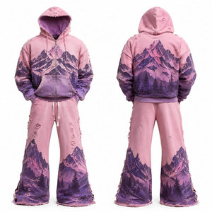 Conjunto de Sudadera con Capucha y Pantalones de Chándal Estilo Urbano, con Cremallera Completa, Estampado de Montaña Morada, Ajuste Holgado, Transpirable, para Otoño - Product Image 1