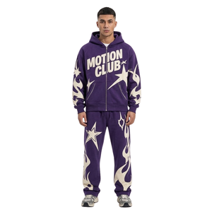 Sweat-shirt long à capuche violet foncé avec imprimé graphique, ensembles de survêtements à impression en relief, pantalons de survêtement chauds en polaire de haute qualité et confortables pour l'hiver - Product Image 1