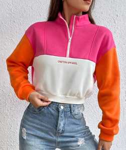 <b>Women's</b> Color Block <b>Quarter</b> <b>Zip</b> <b>Sweatshirt</b> Pink Orange White Stand Collar Cropped Pullover - Product Image 4