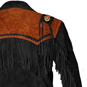 <b>Men's</b> Black <b>Suede</b> Leather <b>Jacket</b> With Orange Back Panel Fringe Embroidery Casual Autumn Wear Custom Wholesale Wholesale - Product Image 6