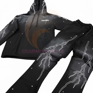 Custom Vintage Jogging Set Zip up Acid Wash <b>Tracksuit</b> Sweat Suit Hoodie and Straight Leg Flared Sweatpants Track Suit for Men - Product Image 1
