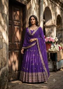 Ensemble Anarkali en polyester brodé violet avec dupatta, coupe ample, tenue traditionnelle indienne et pakistanaise pour femme, longueur ras du sol - Product Image 3