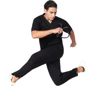 Men Black V-Neck Scrub Set Cotton Polyester Woven Hospital Uniform Needle Detection Ready - Product Image 2