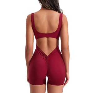 Deep burgundy <b>women</b> yoga jumpsuit front zipper activewear gym athletic <b>romper</b> scoop neck bodycon suit - Product Image 5
