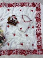 Sari en soie Georgette traditionnel indien de designer PinkCityBlocks avec bordure en dentelle à sequins, coupe ajustée, séchage rapide et sans plis