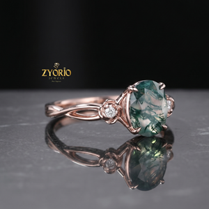Oval <b>Moss</b> <b>Agate</b> <b>Ring</b> 14K Gold Nature Inspired Engagement <b>Ring</b> Green <b>Moss</b> <b>Agate</b> Floral Fine Jewelry <b>Ring</b> - Product Image 3